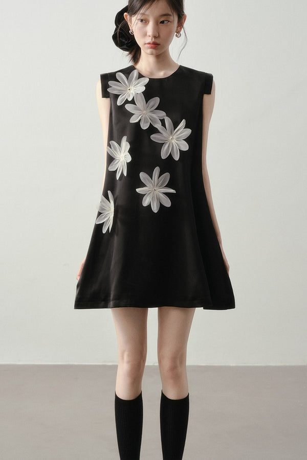 3D Floral Appliqué Satin Sleeveless Dress