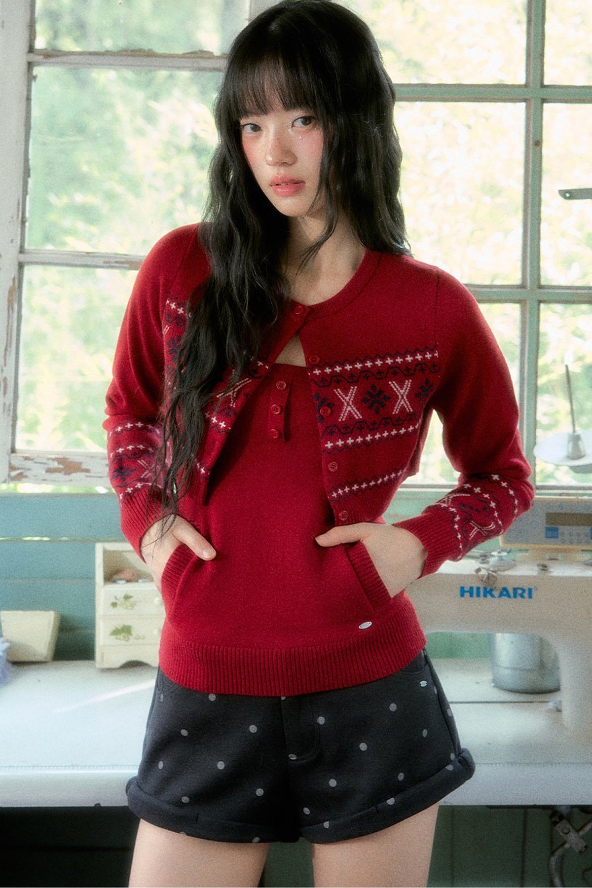 Fair Isle Red Knitted Cardigan And Halter Top Set