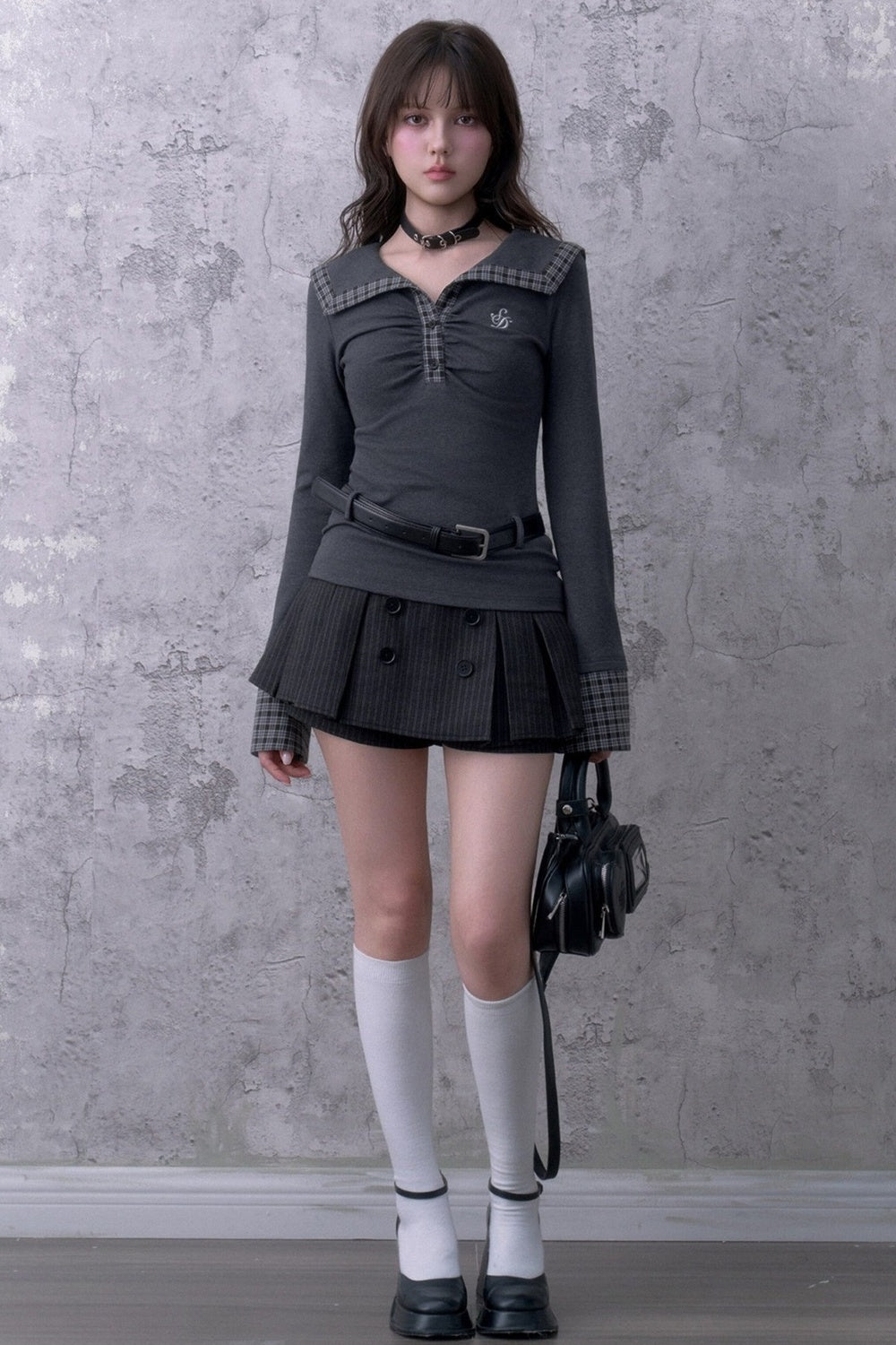 Black Gray Striped Brushed Double-Breasted Pleated Skirt