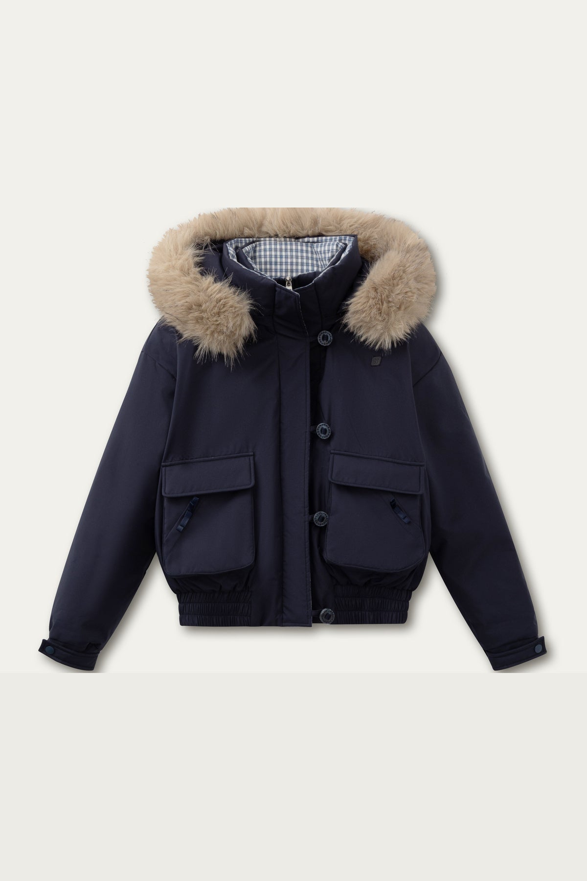 Patchwork Plaid Fur Collar Down Jacket