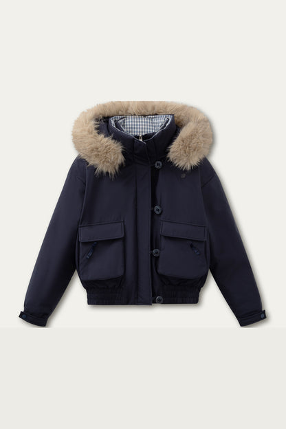 Patchwork Plaid Fur Collar Down Jacket