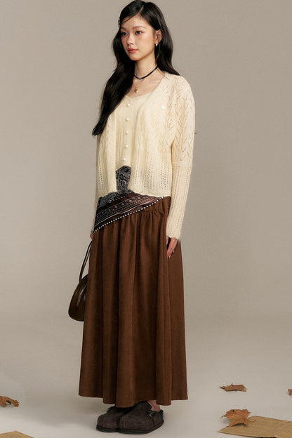 Crochet Knit Cardigan and Camisole Two-Piece With Skirt Set-Up