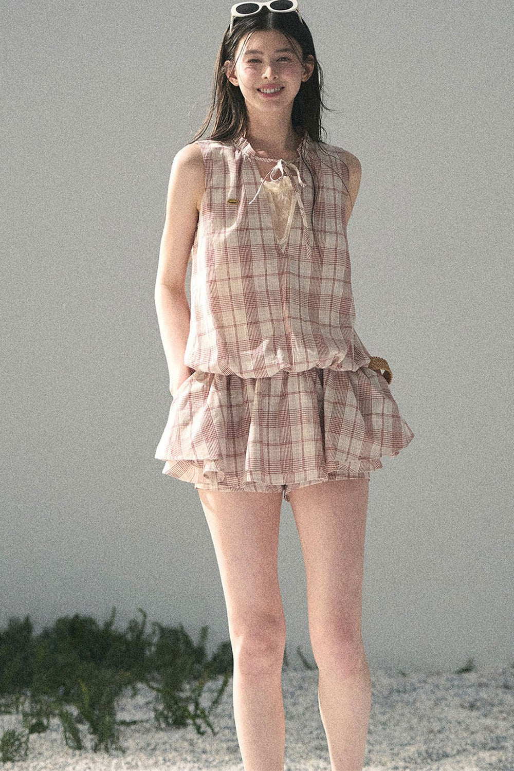 Lace Plaid Puff Dress Set