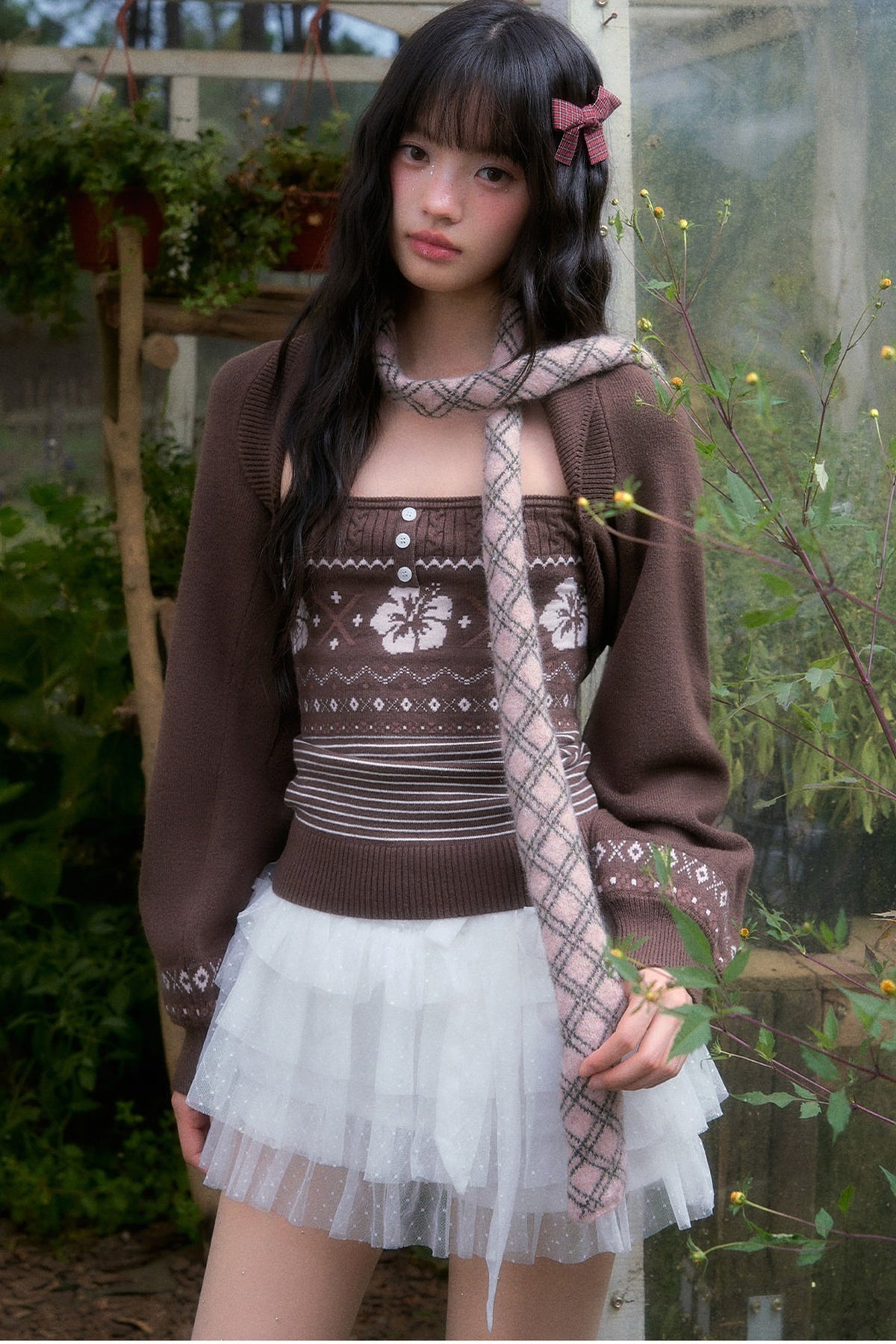 Brown Fair Isle Knit Tube Top and Cardigan Set-Up