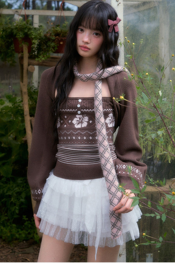 Brown Fair Isle Knit Tube Top and Cardigan Set-Up