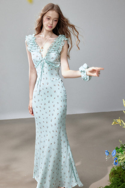 V-Neck Floral Fishtail Dress