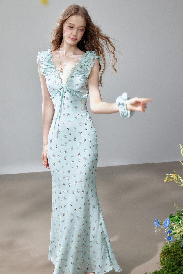 V-Neck Floral Fishtail Dress