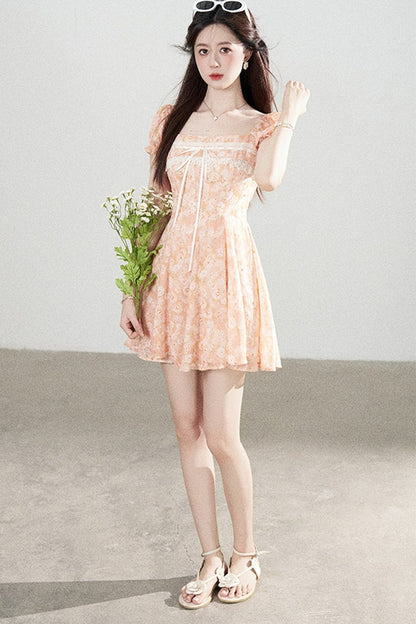 Square-Neck Floral Puff-Sleeve Chiffon Dress