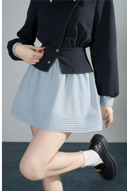 Color-Blocked Lapel Knit Top and Skirt Set-Up
