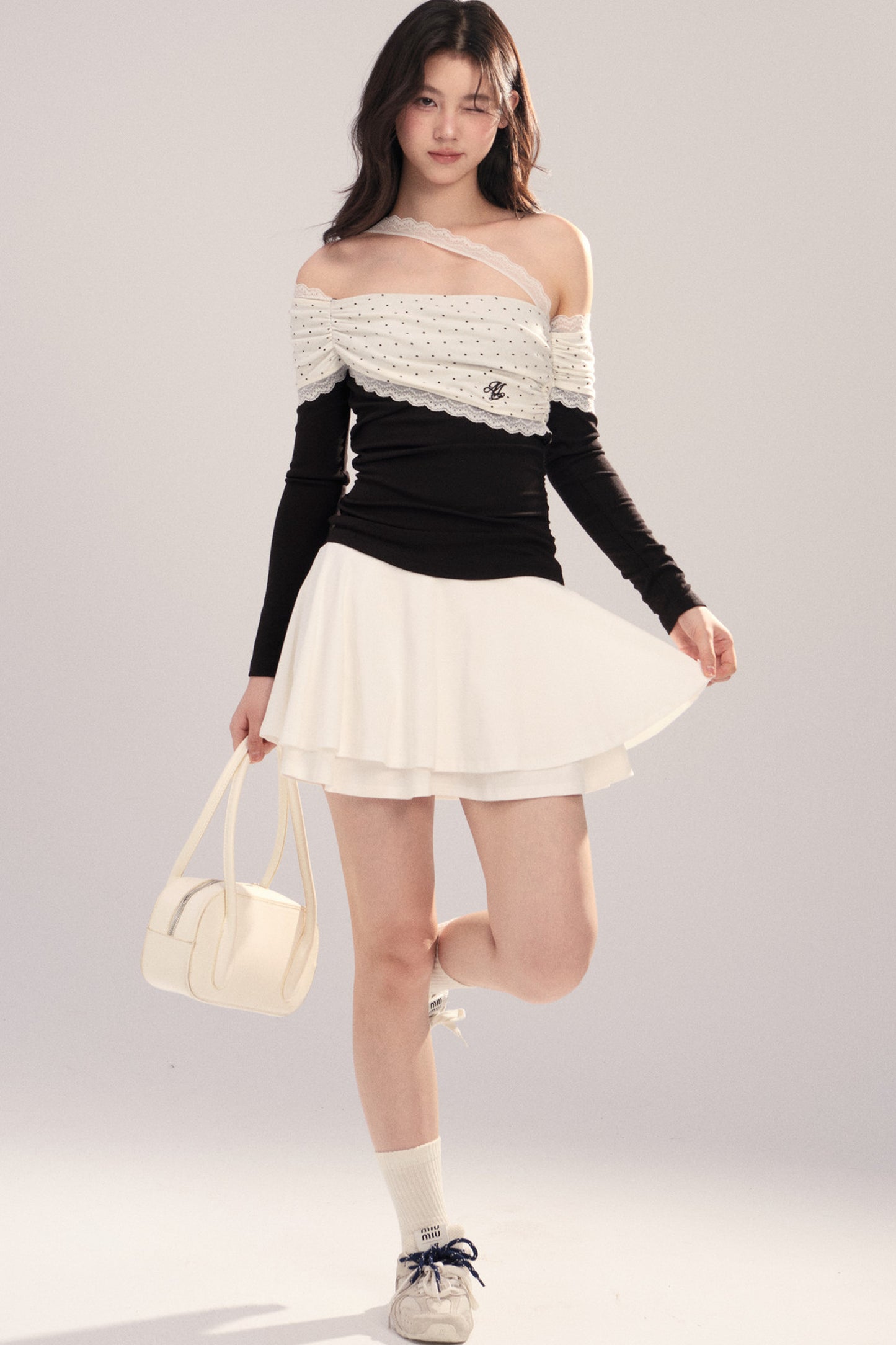 Polka Dot Spliced Lace Off-Shoulder T-Shirt