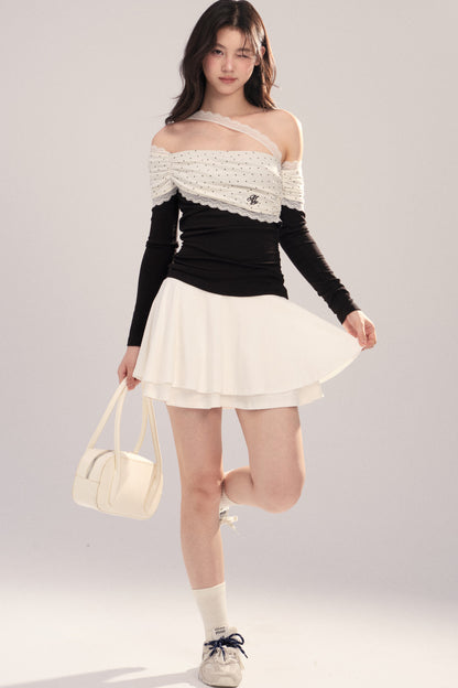 Polka Dot Spliced Lace Off-Shoulder T-Shirt