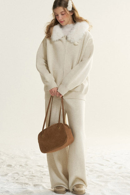 Detachable Fur Collar Hooded Jacket and Wide-Leg Pants Set-Up
