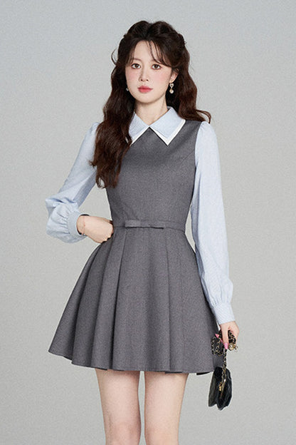 Gray Long-Sleeved A-Line Full Skirt Dress