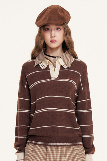 Striped Layered-Look Polo Sweater
