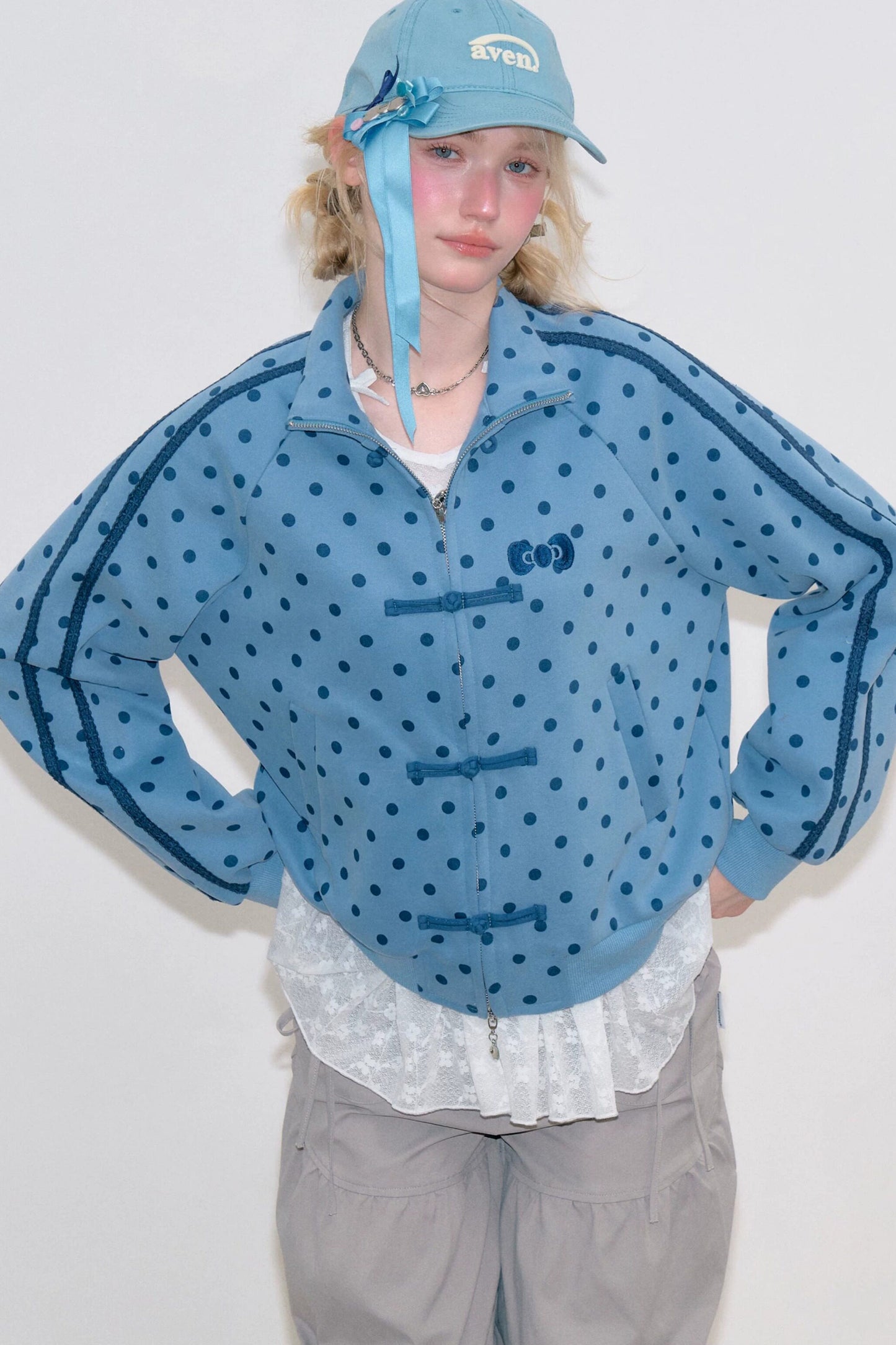 Pink Polka Dot Zipper Sweatshirt Jacket