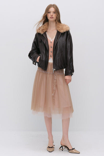 Textured Leopard Fur Collar PU Jacket