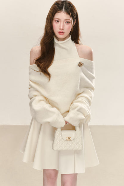 Cremefarbenes ärmelloses Rollkragenkleid mit schulterfreiem Pullover-Set