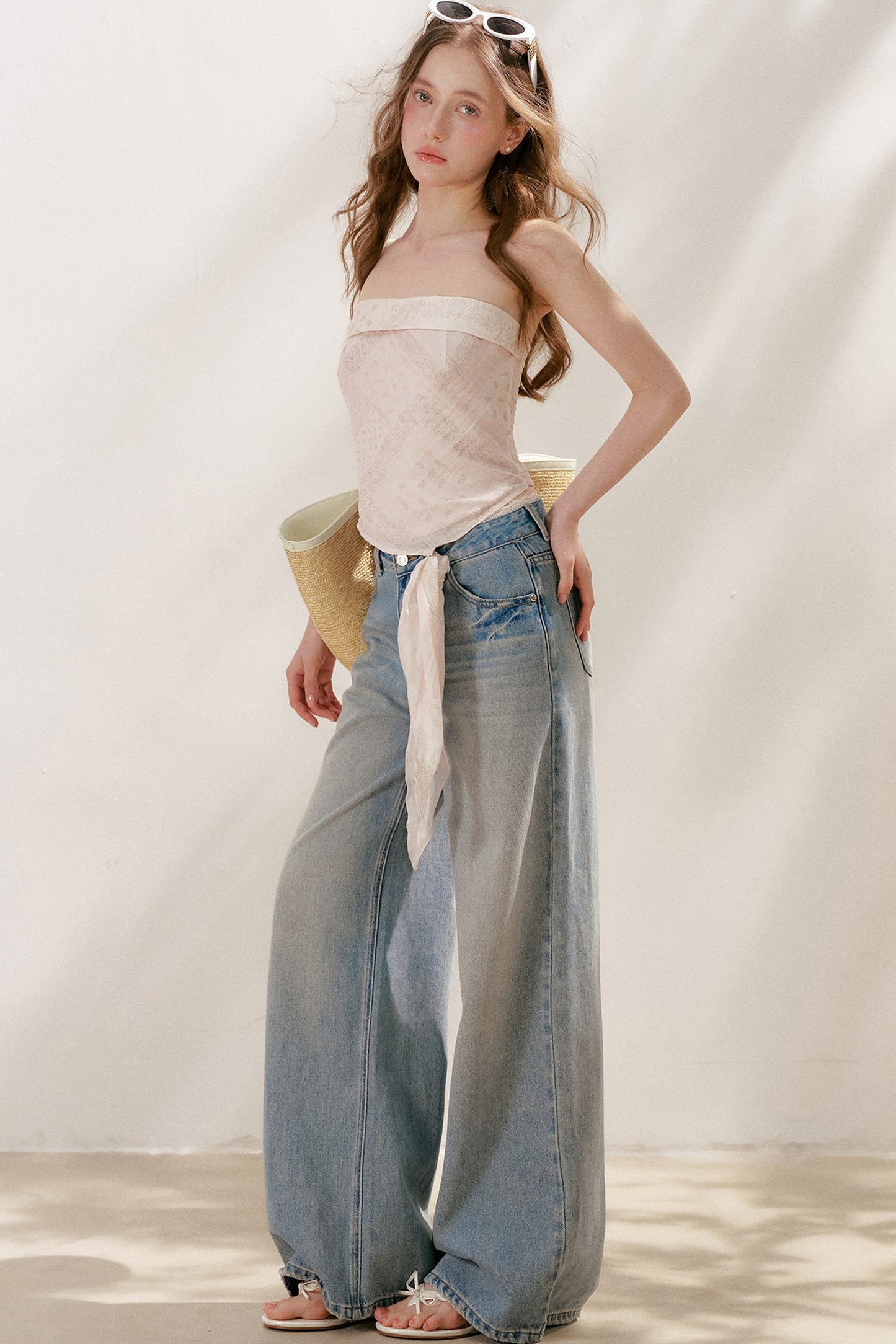 Lace Tie-Up Wide-Leg Jeans