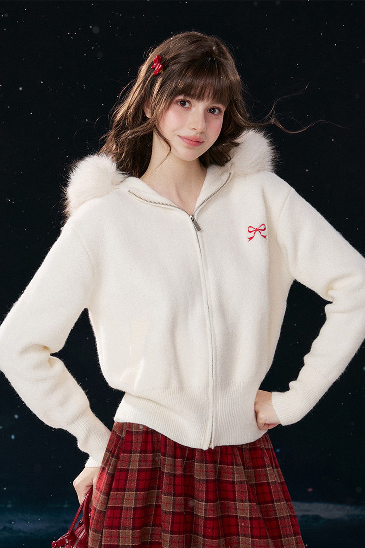 Embroidered Hooded Fur Collar Cardigan