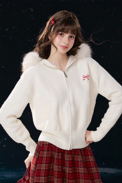 Embroidered Hooded Fur Collar Cardigan