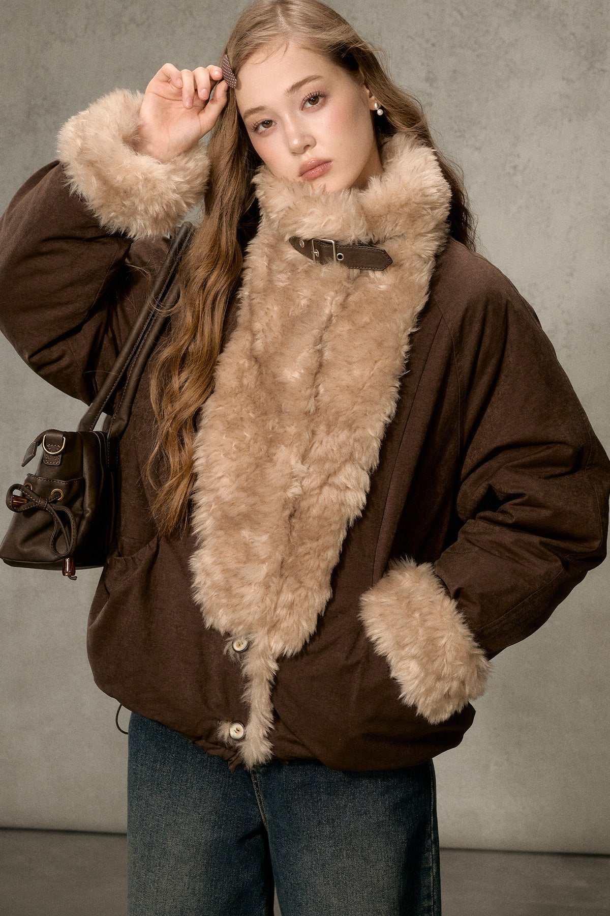Wheat Spike Floral Plush Stand Collar Jacket