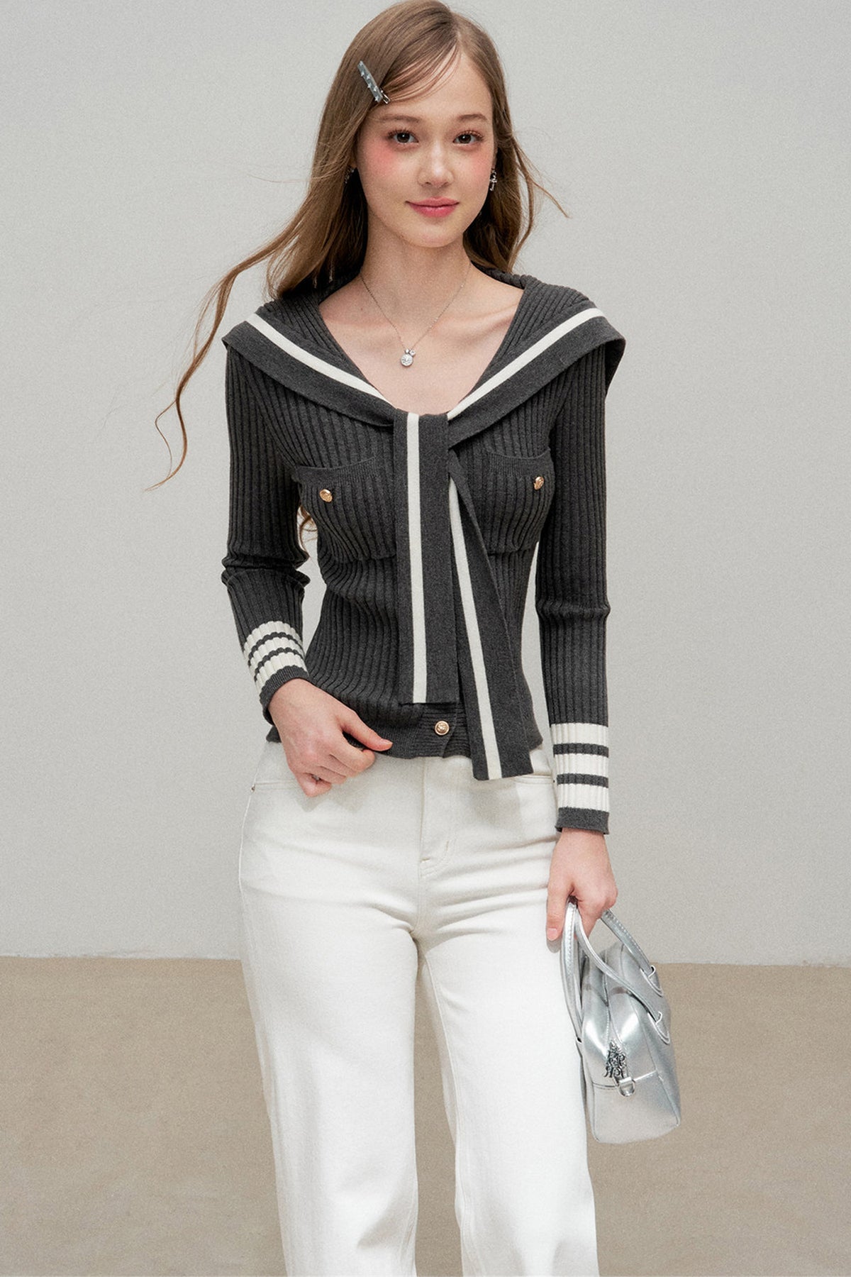 Navy Collar Striped Knit Top