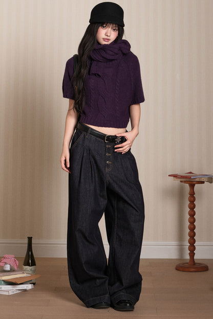 Short Sleeve Scarf Layered Knit Sweater