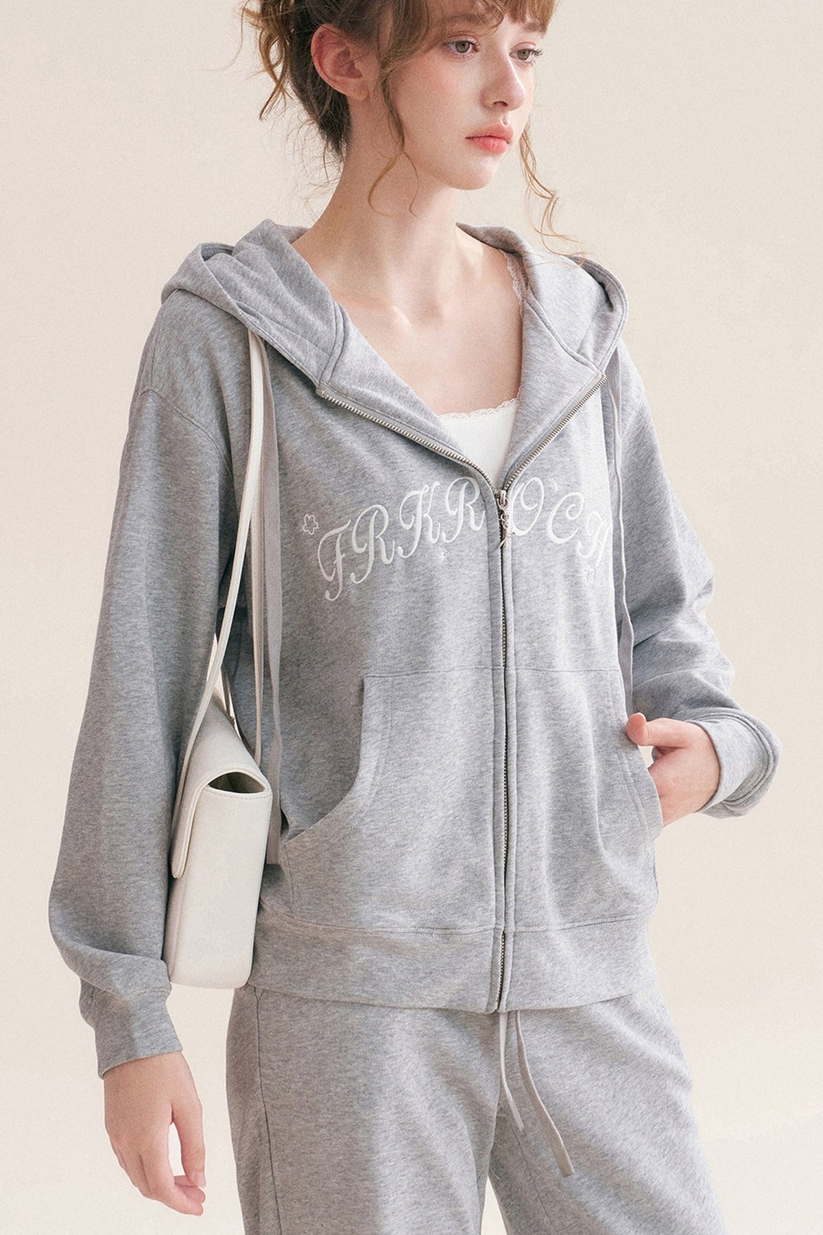 Hooded Logo Embroidered Sweatshirt Jacket and Drawstring Straight-Leg Sweatpants Set-Up
