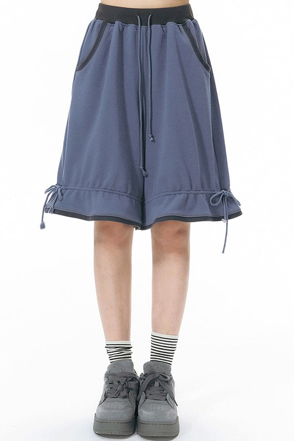 Color-Block Drawstring Elastic Waist Wide-Leg Mid-Length Shorts