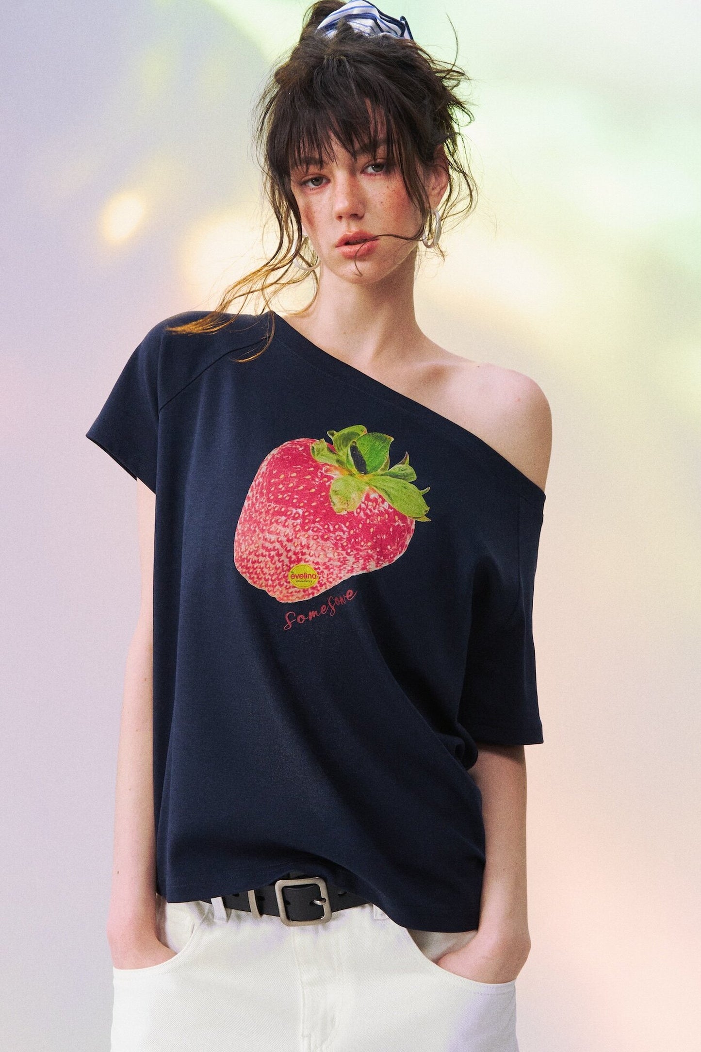 Strawberry Print One-Shoulder Blouse