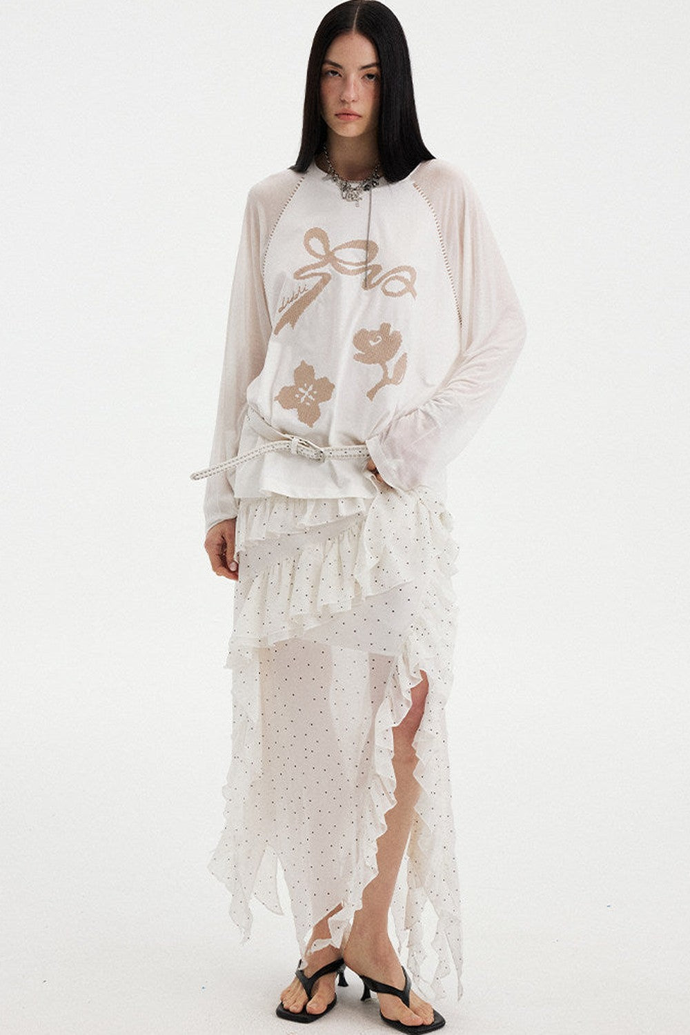Bow Floral Spliced Long-Sleeve Top