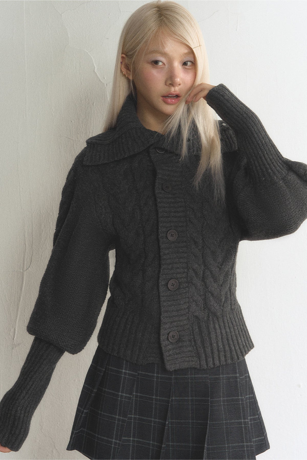 Large Lapel Cable Knit Cardigan and Skirt Set-Up