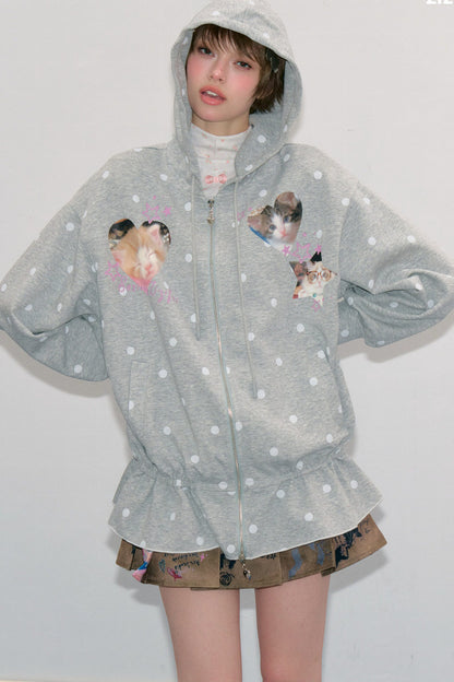 Cat Polka Dot Zipper Hooded Jacket