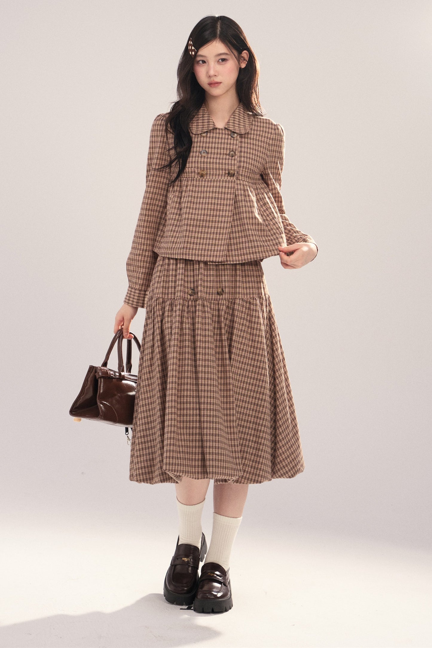 Long-Sleeved Plaid Shirt and Skirt Set-Up