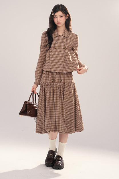 Long-Sleeved Plaid Shirt and Skirt Set-Up