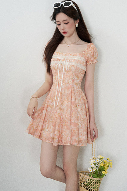 Square-Neck Floral Puff-Sleeve Chiffon Dress