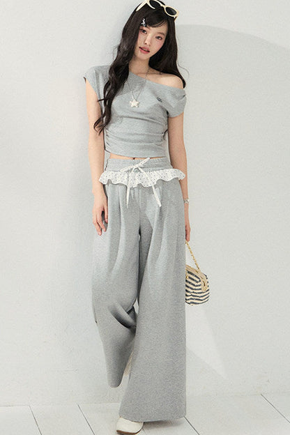 Knot Detail Off-Shoulder Short Sleeve Sweatshirt