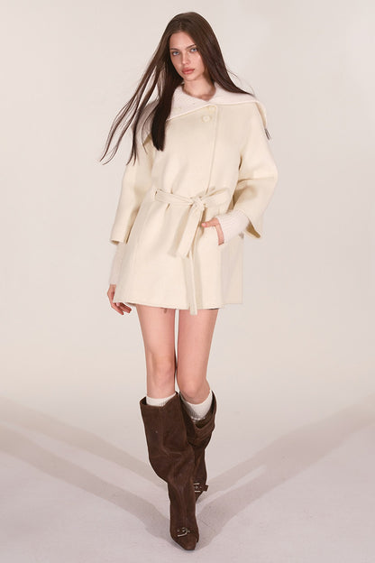 Asymmetrical Knit Collar Tie-Up Wool Coat