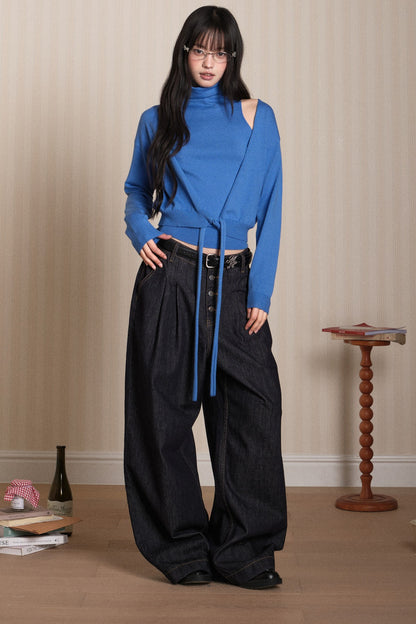 Layered High-Neck Vest and Tie-Up Cardigan Set-Up