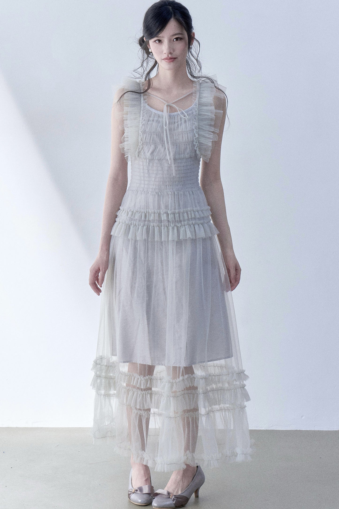 Pleated Lace Flutter Sleeve Dress