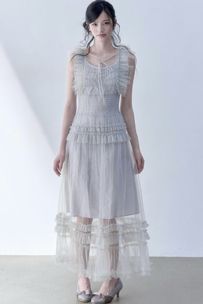 Pleated Lace Flutter Sleeve Dress