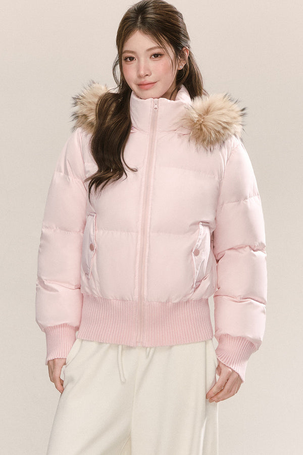 Raccoon Fur Collar Hooded Puffer Jacket