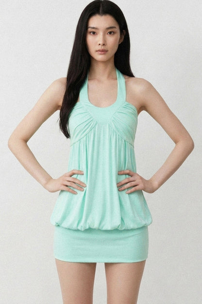 Solid Color Halter V-Neck Backless Ruched Dress