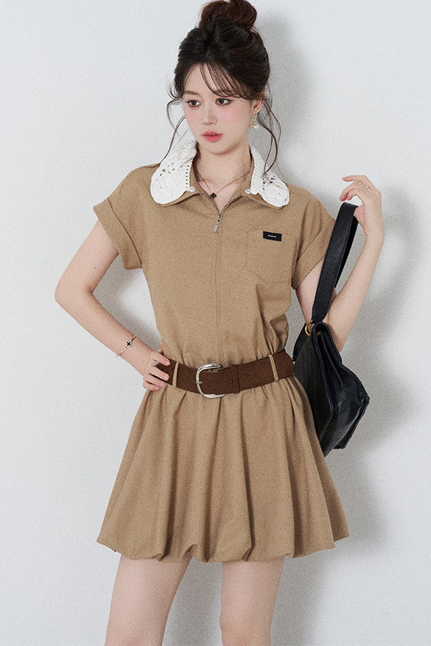 French Khaki Puff Dress