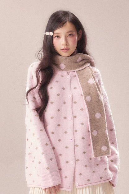 Polka Dot Scarf Knit Cardigan