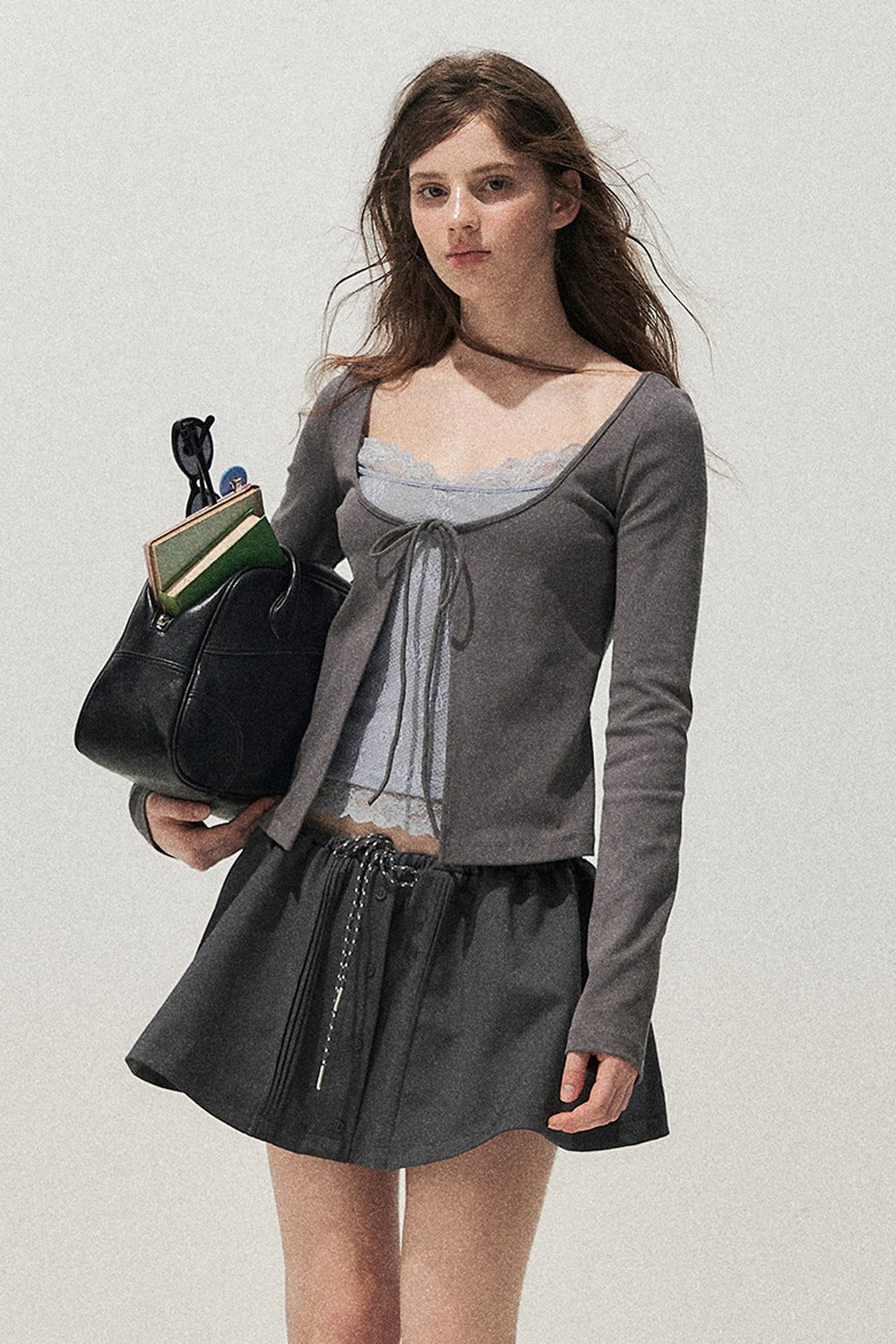 Lace Spliced Tie-Up Long Sleeve Top