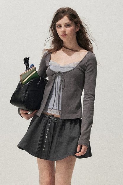 Lace Spliced Tie-Up Long Sleeve Top
