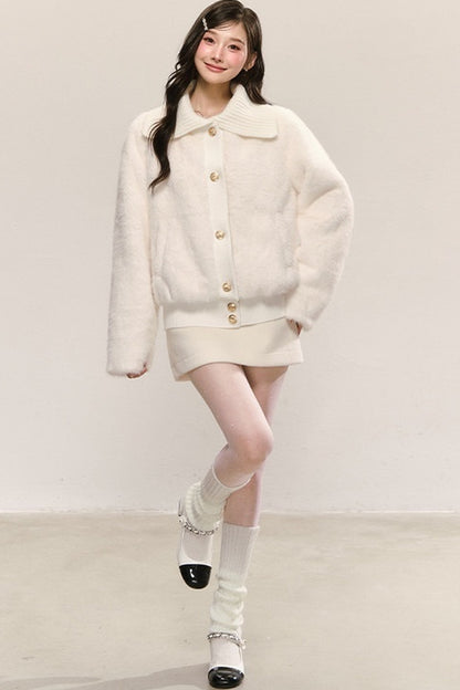 White Faux Fur Jacket and Skirt Set-Up