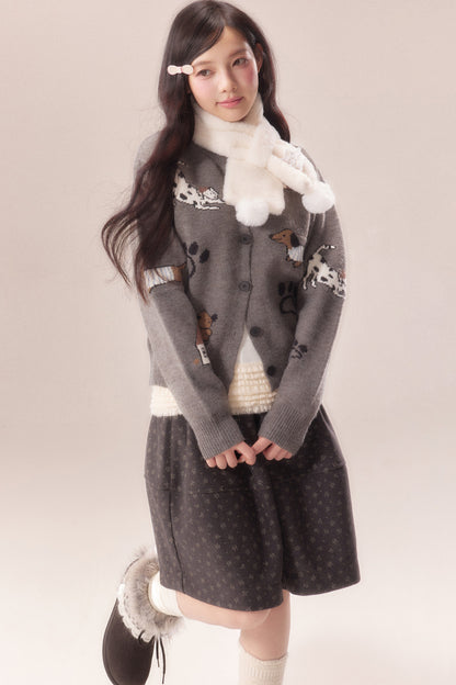 Paw Print Jacquard Knit Cardigan