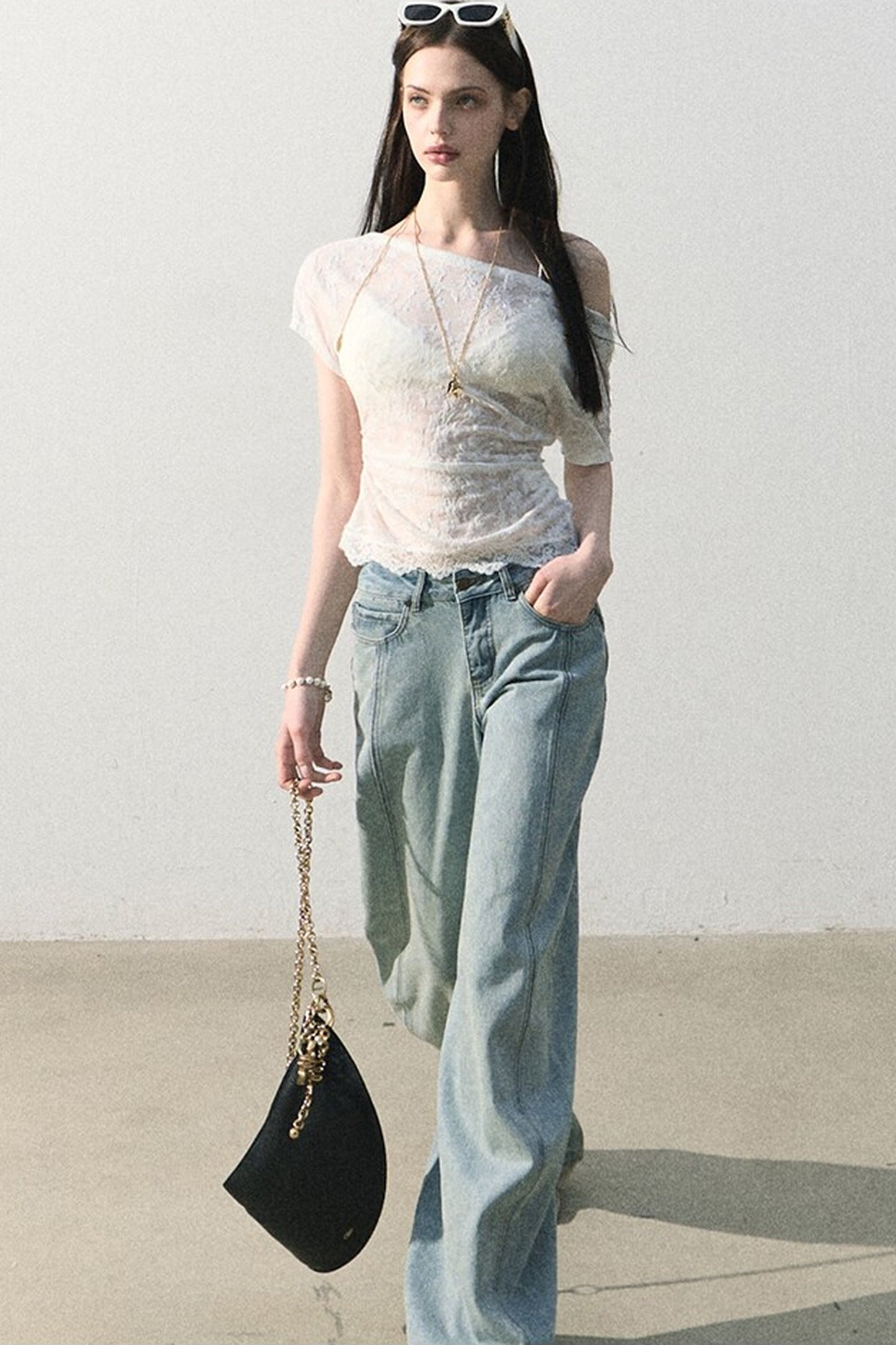 Pantaloni vintage in cotone effetto consumato a gamba larga